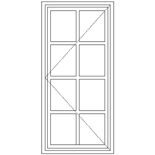 Line drawing showing the layout of the BD1 Small-Pane Window With Burglar Guard 574 mm x 121 mm