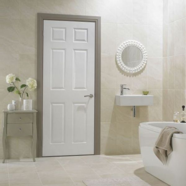 Picture of the Townhouse Deep Moulded 813 mm x 2032 mm Interior Door shown installed in a bathroom